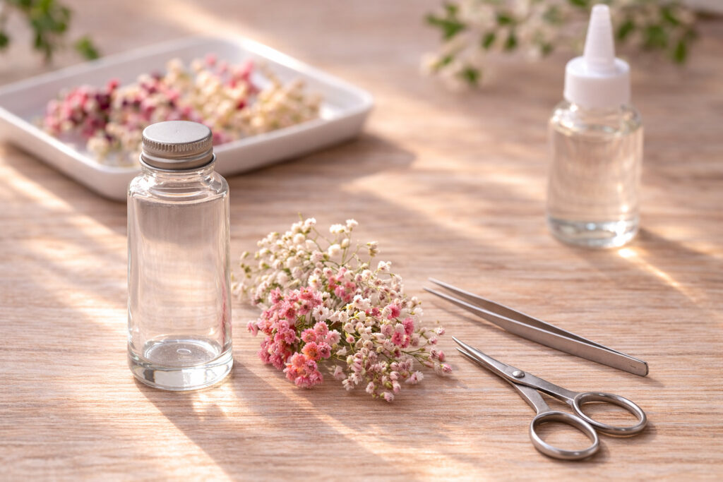 ハーバリウム作りに必要な基本材料と道具のイメージ