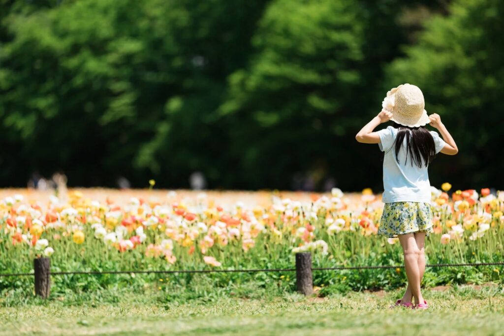 女の子がお花畑を見ている写真