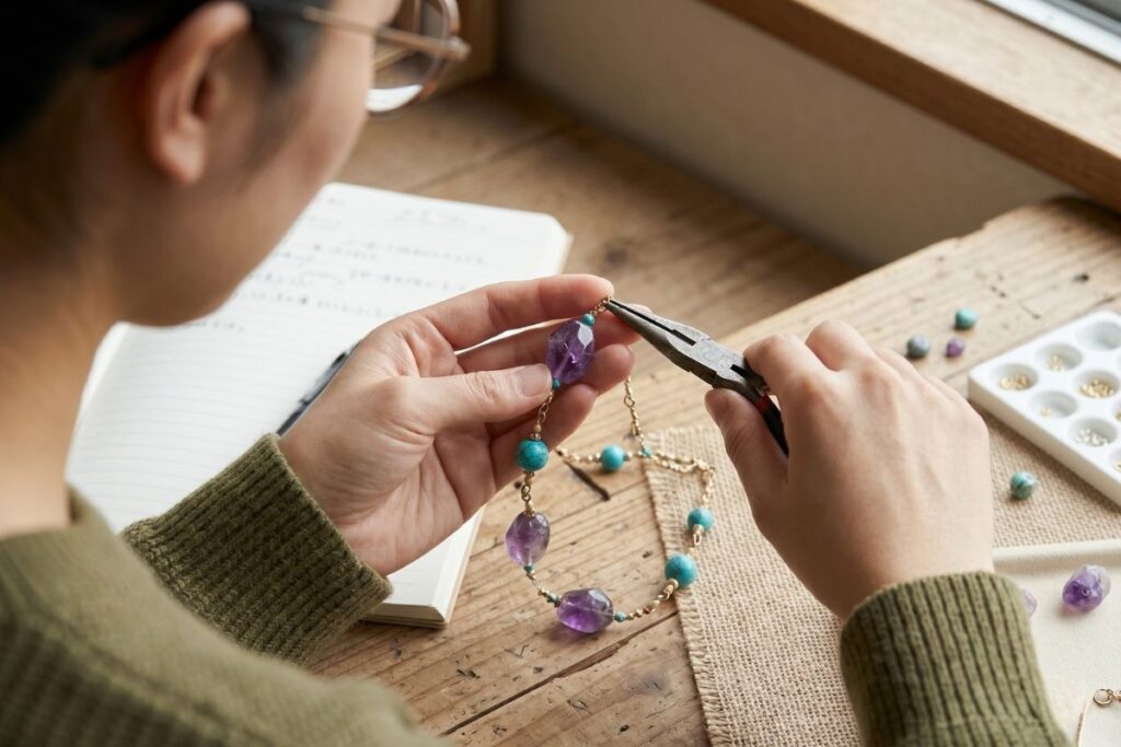ハンドメイド作品の委託販売のコツアクセサリーを制作している様子