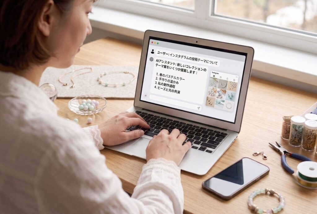 ハンドメイド副業のAI活用をパソコンでしているイメージ